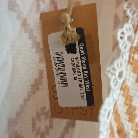 Surf Gypsy Island Tribal Top‎ M Caramel White Boho Peasant Blouse Crochet Beach - Picture 10 of 11